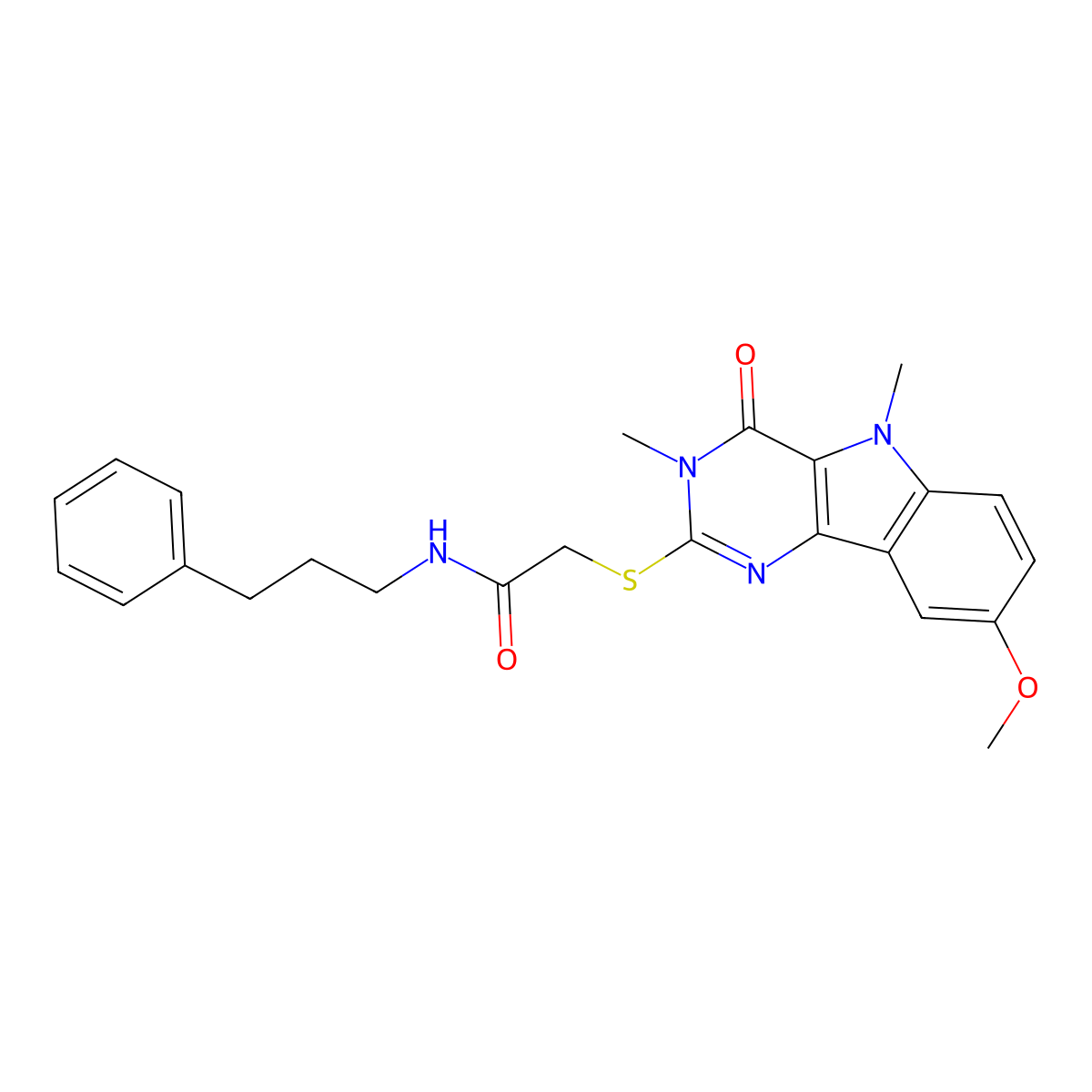 2-({8-methoxy-3,5-dimethyl-4-oxo-3H,4H,5H-pyrimido[5,4-b]indol-2-yl}sulfanyl)-N-(3-phenylpropyl)acetamide molecular structure, CAS 1113102-38-7