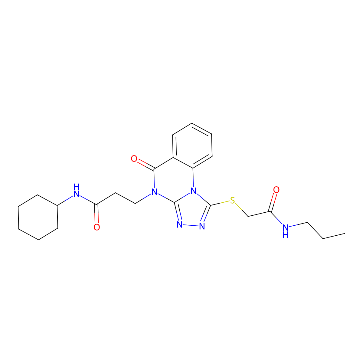 N-cyclohexyl-3-(5-oxo-1-{[(propylcarbamoyl)methyl]sulfanyl}-4H,5H-[1,2,4]triazolo[4,3-a]quinazolin-4-yl)propanamide molecular structure, CAS 1113104-38-3