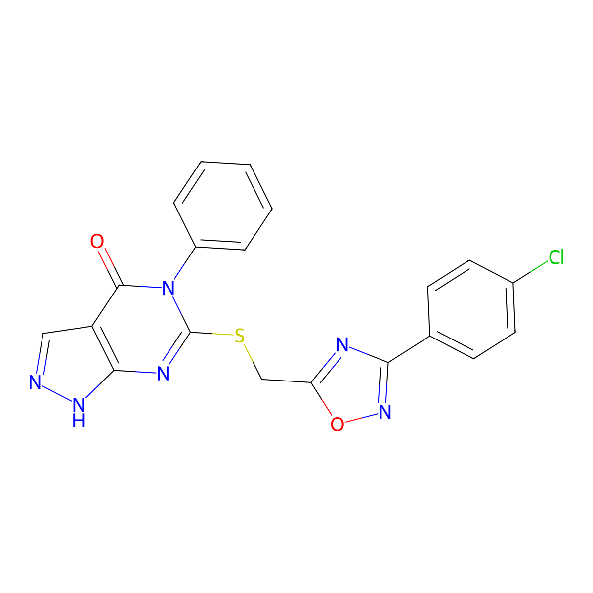 6-(((3-(4-chlorophenyl)-1,2,4-oxadiazol-5-yl)methyl)thio)-5-phenyl-1H-pyrazolo[3,4-d]pyrimidin-4(5H)-one molecular structure, CAS 1113104-92-9