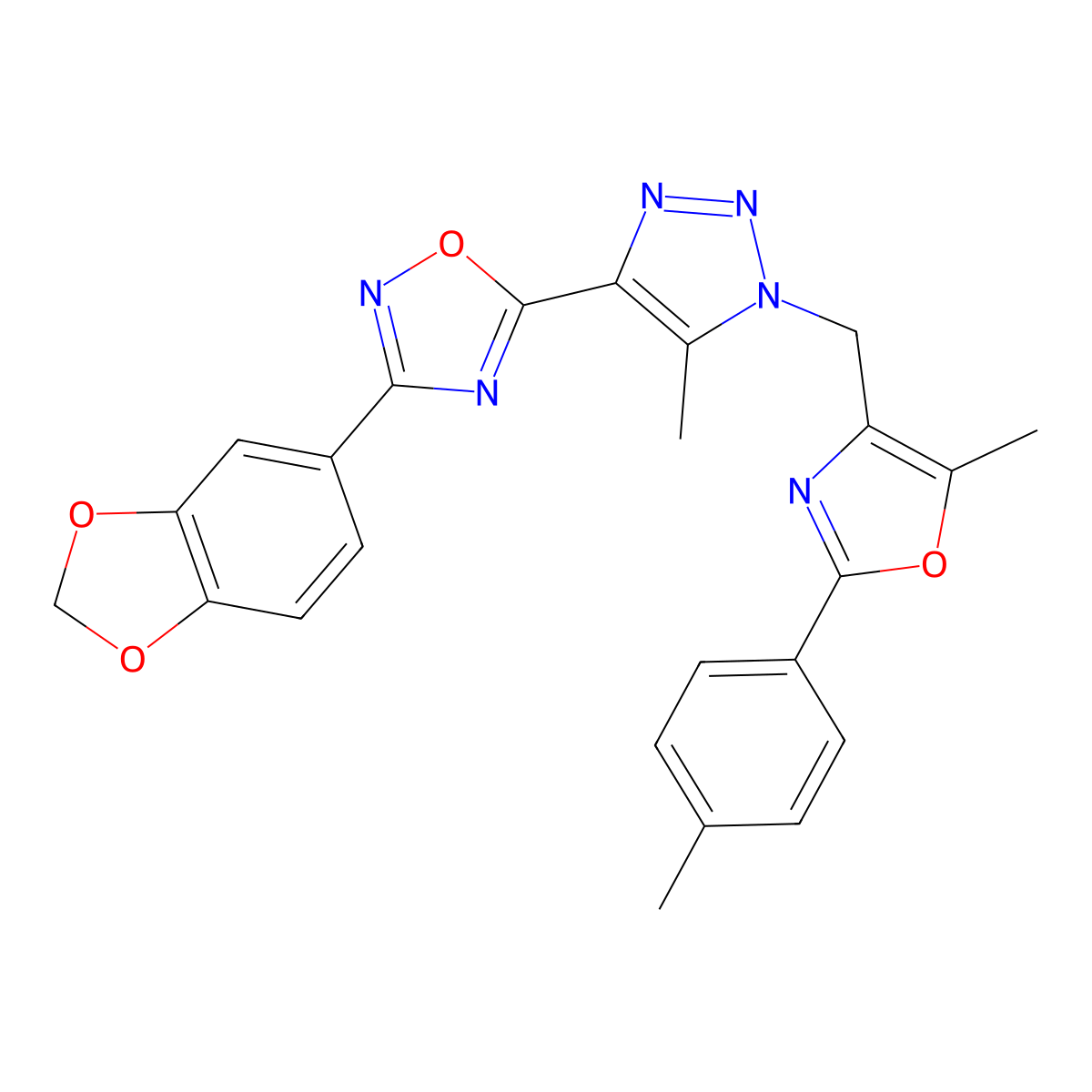 3-(benzo[d][1,3]dioxol-5-yl)-5-(5-methyl-1-((5-methyl-2-(p-tolyl)oxazol-4-yl)methyl)-1H-1,2,3-triazol-4-yl)-1,2,4-oxadiazole molecular structure, CAS 1113107-45-1
