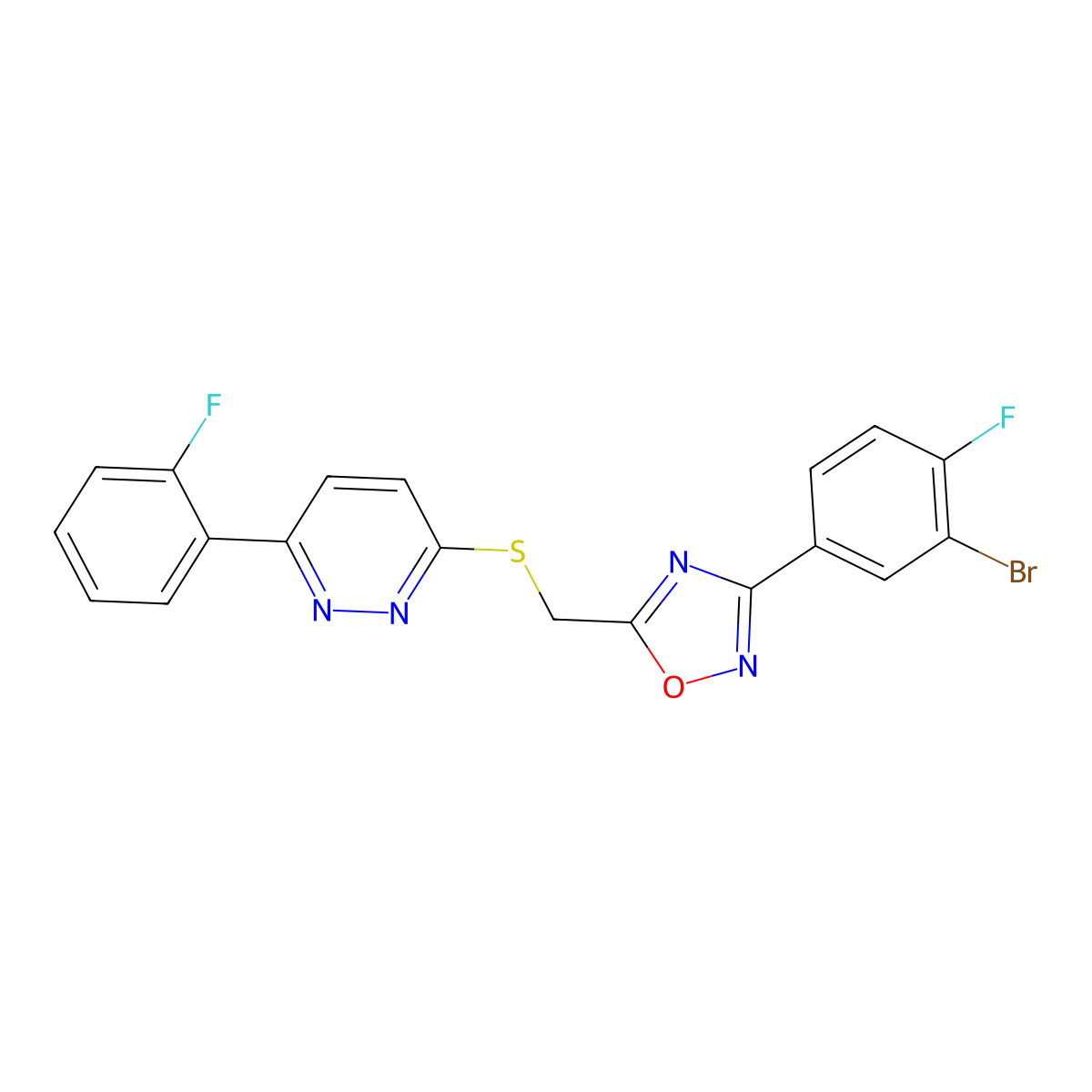 3-(3-Bromo-4-fluorophenyl)-5-(((6-(2-fluorophenyl)pyridazin-3-yl)thio)methyl)-1,2,4-oxadiazole molecular structure, CAS 1113108-30-7