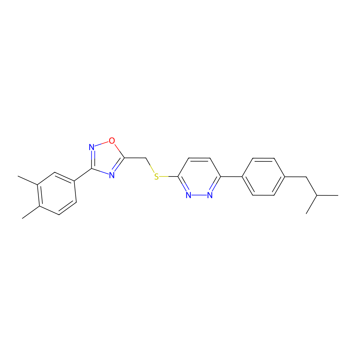 3-(3,4-Dimethylphenyl)-5-(((6-(4-isobutylphenyl)pyridazin-3-yl)thio)methyl)-1,2,4-oxadiazole molecular structure, CAS 1113108-36-3