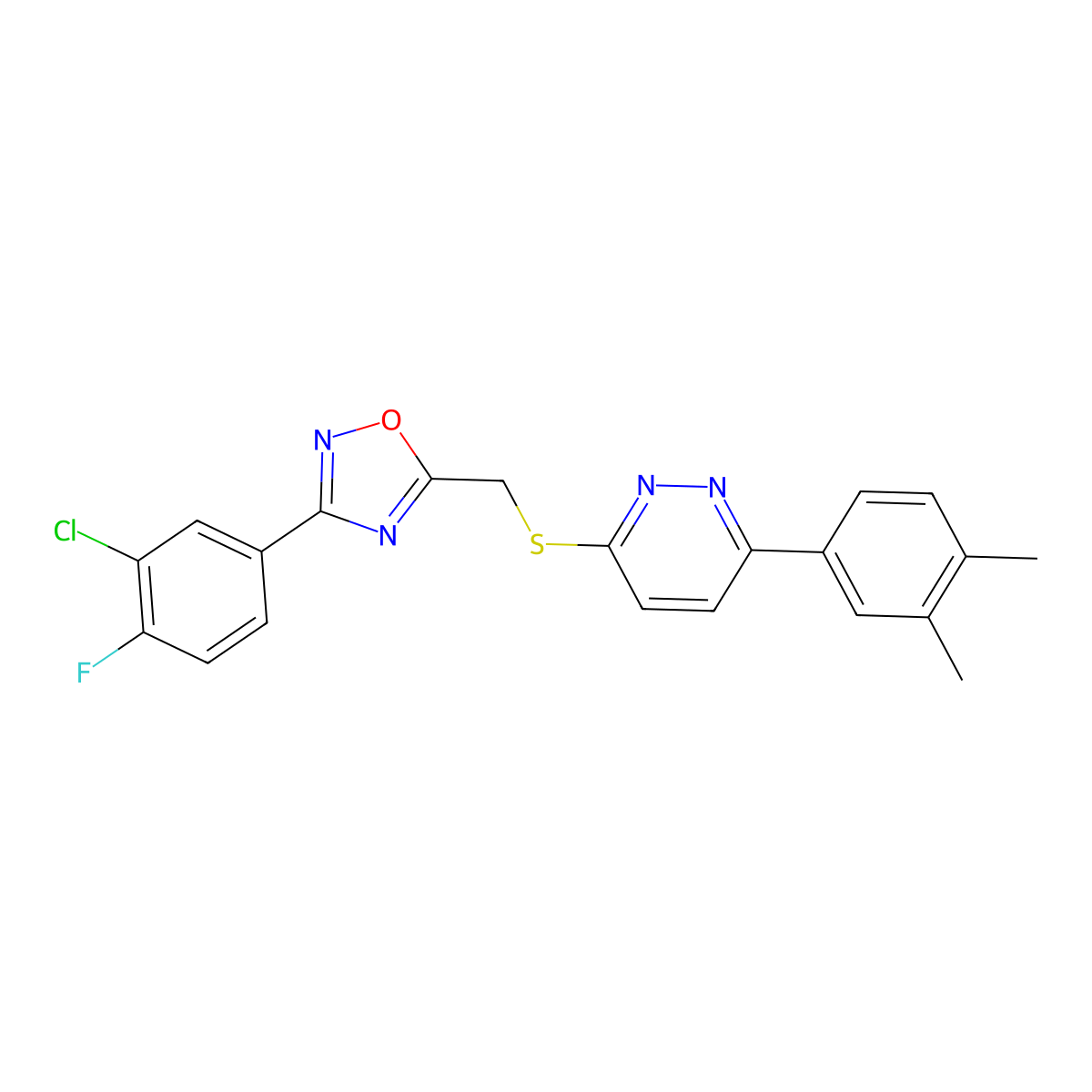 3-(3-Chloro-4-fluorophenyl)-5-(((6-(3,4-dimethylphenyl)pyridazin-3-yl)thio)methyl)-1,2,4-oxadiazole molecular structure, CAS 1113108-48-7