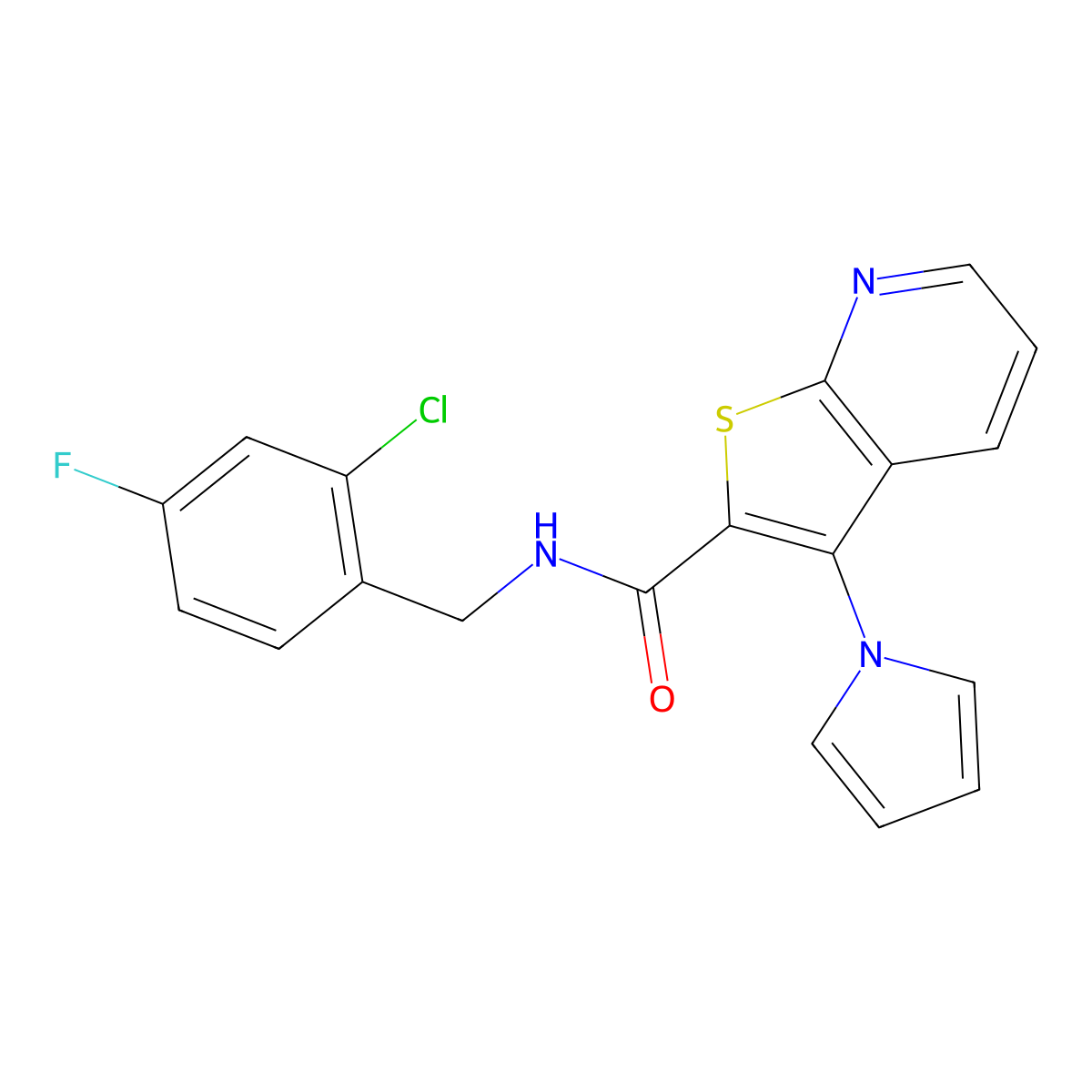 N-(2-chloro-4-fluorobenzyl)-3-(1H-pyrrol-1-yl)thieno[2,3-b]pyridine-2-carboxamide molecular structure, CAS 1113112-96-1