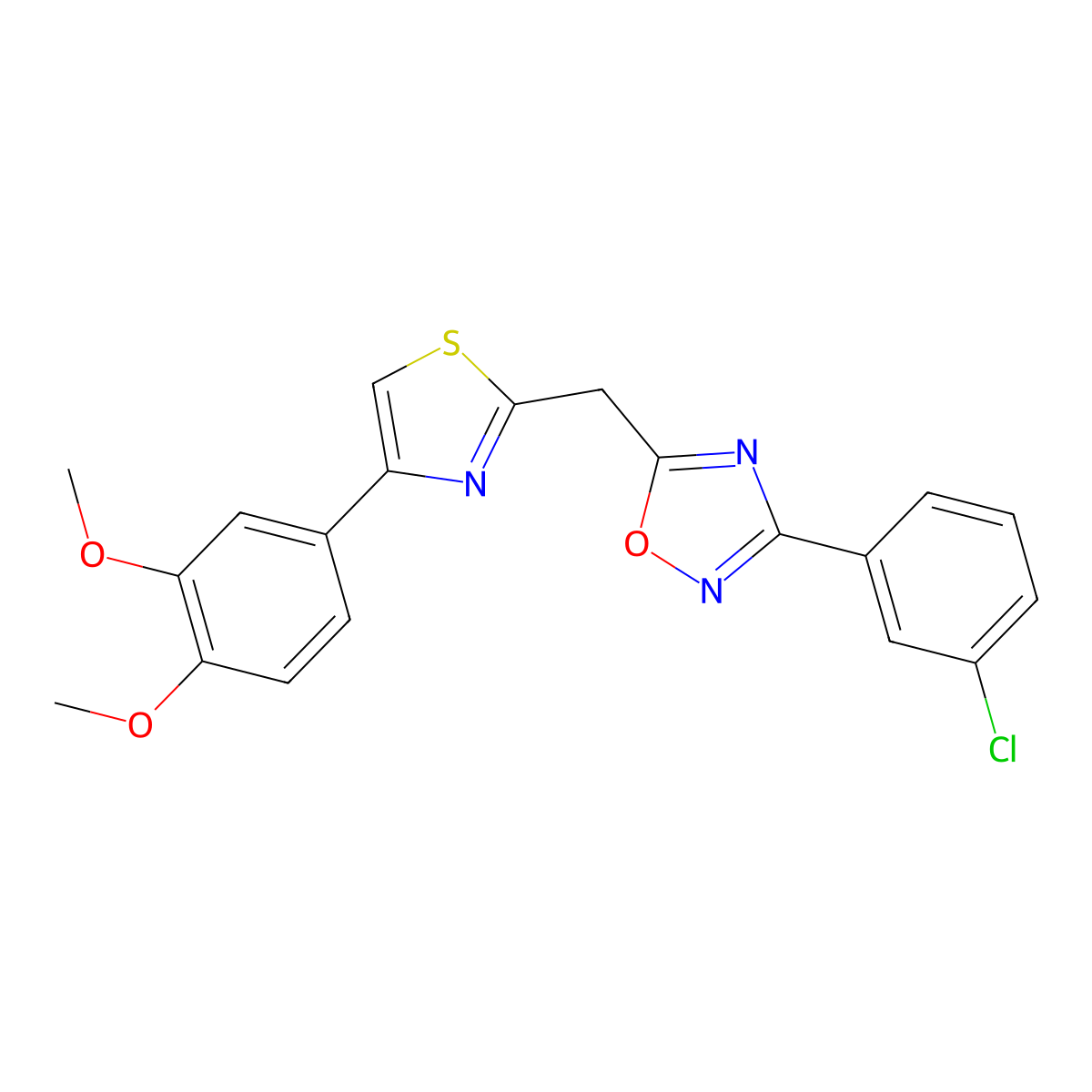 3-(3-Chlorophenyl)-5-((4-(3,4-dimethoxyphenyl)thiazol-2-yl)methyl)-1,2,4-oxadiazole molecular structure, CAS 1113113-35-1