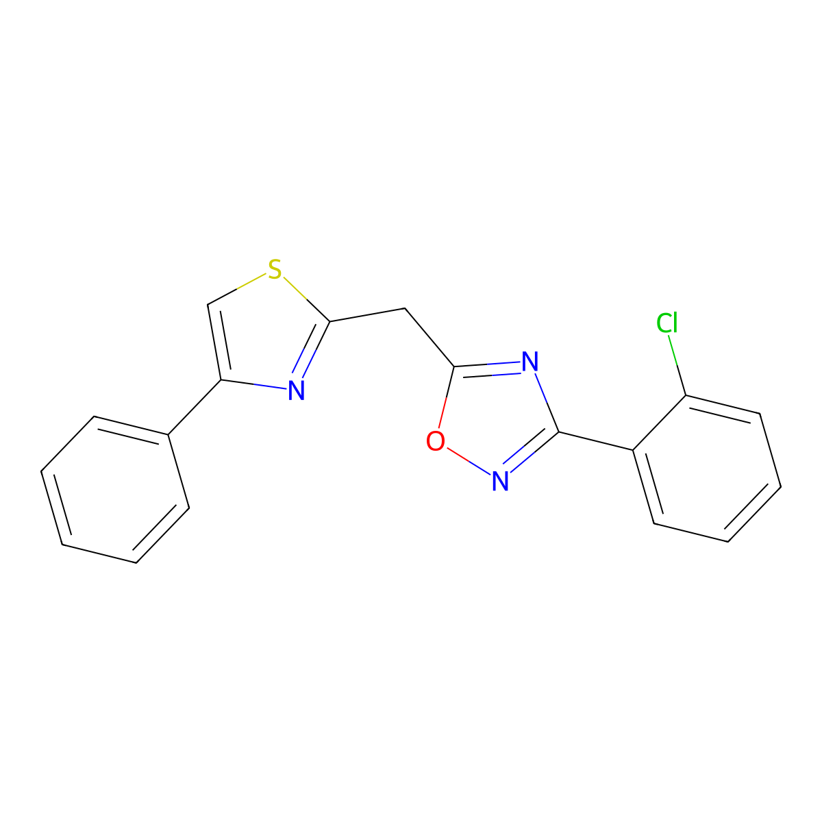 3-(2-Chlorophenyl)-5-[(4-phenyl-1,3-thiazol-2-yl)methyl]-1,2,4-oxadiazole molecular structure, CAS 1113114-16-1