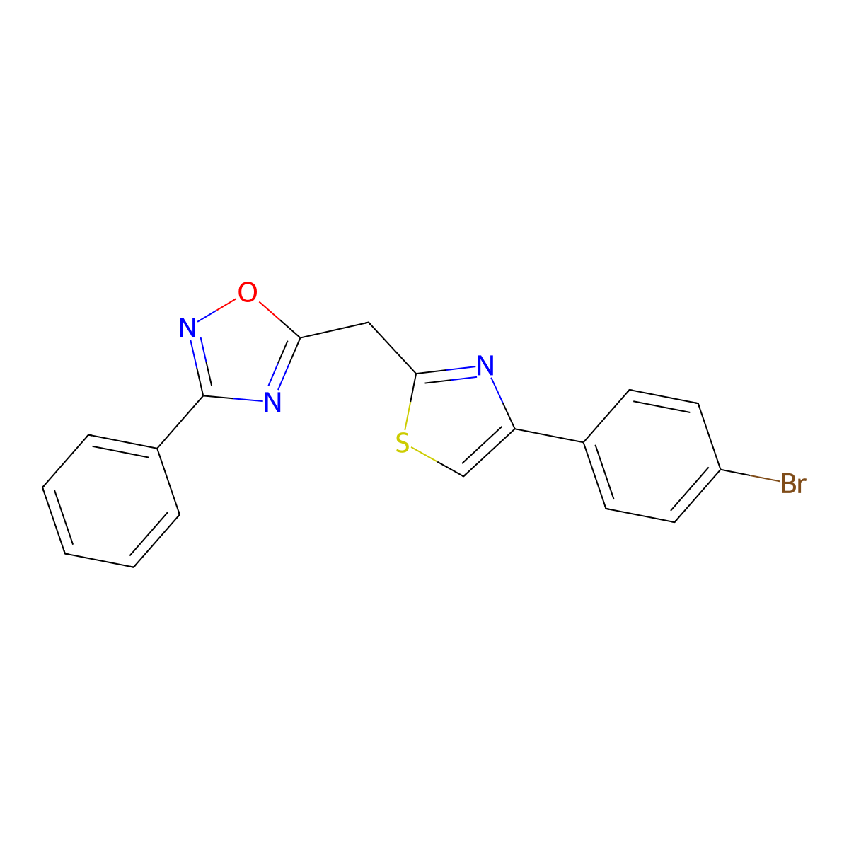5-((4-(4-Bromophenyl)thiazol-2-yl)methyl)-3-phenyl-1,2,4-oxadiazole molecular structure, CAS 1113114-79-6