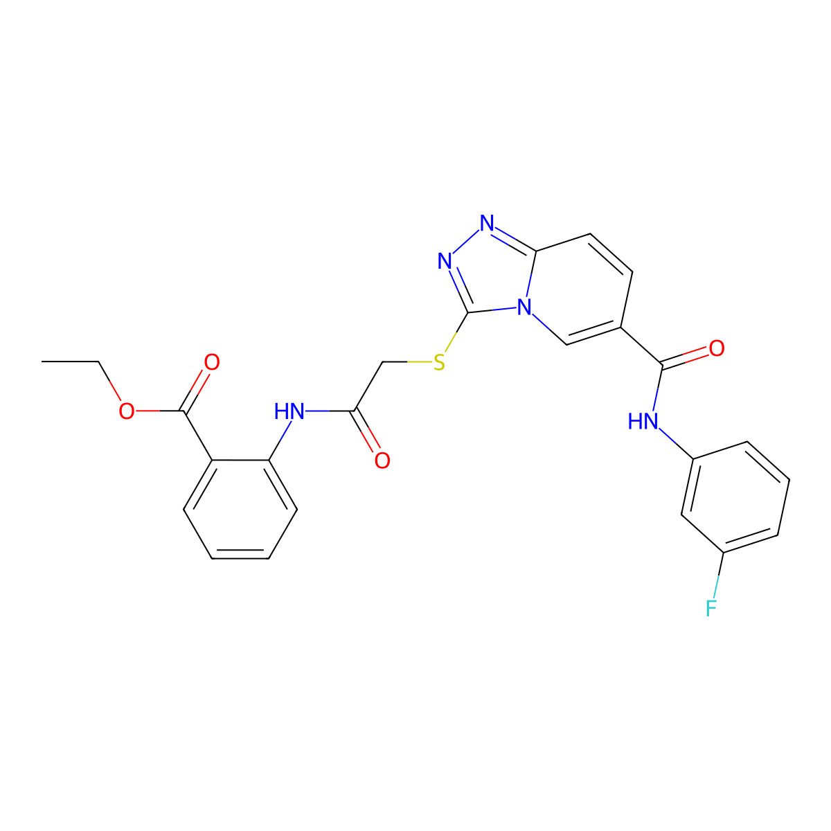 Ethyl 2-(2-((6-((3-fluorophenyl)carbamoyl)-[1,2,4]triazolo[4,3-a]pyridin-3-yl)thio)acetamido)benzoate molecular structure, CAS 1113121-08-6