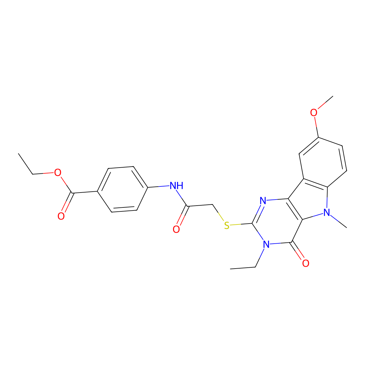 ethyl 4-(2-((3-ethyl-8-methoxy-5-methyl-4-oxo-4,5-dihydro-3H-pyrimido[5,4-b]indol-2-yl)thio)acetamido)benzoate molecular structure, CAS 1113123-32-2