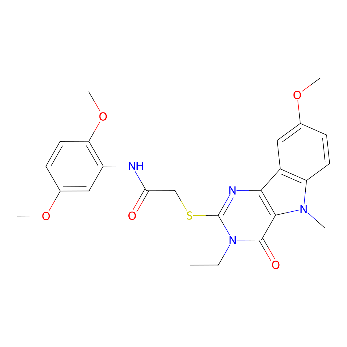 N-(2,5-dimethoxyphenyl)-2-({3-ethyl-8-methoxy-5-methyl-4-oxo-3H,4H,5H-pyrimido[5,4-b]indol-2-yl}sulfanyl)acetamide molecular structure, CAS 1113123-37-7