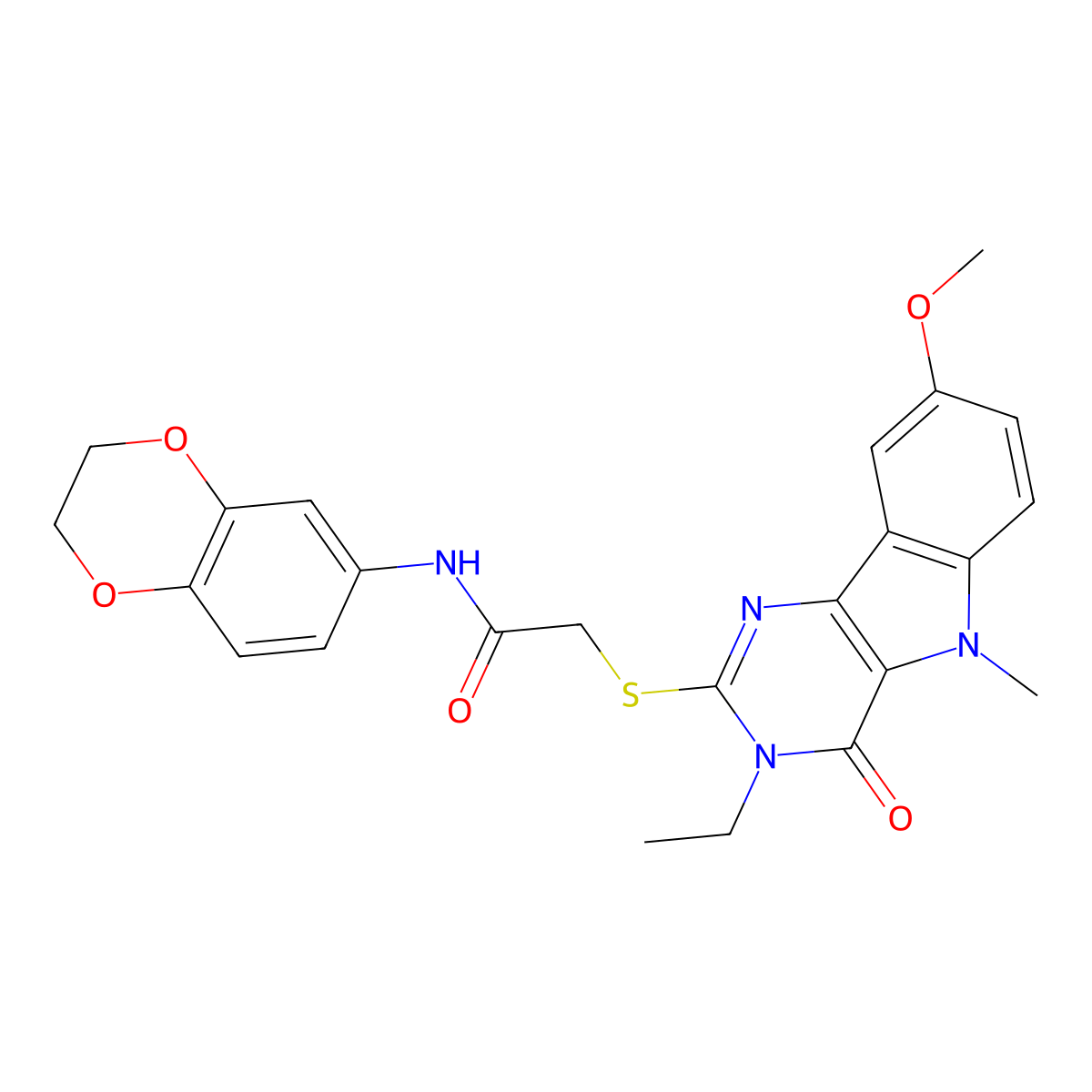 N-(2,3-dihydro-1,4-benzodioxin-6-yl)-2-({3-ethyl-8-methoxy-5-methyl-4-oxo-3H,4H,5H-pyrimido[5,4-b]indol-2-yl}sulfanyl)acetamide molecular structure, CAS 1113123-82-2