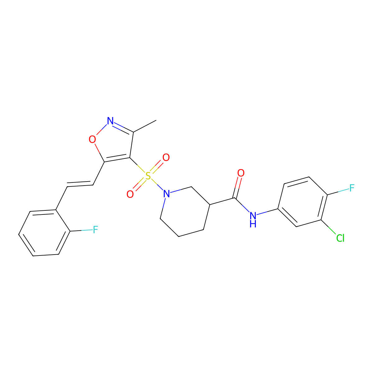N-(3-Chloro-4-fluorophenyl)-1-((5-(2-fluorostyryl)-3-methylisoxazol-4-yl)sulfonyl)piperidine-3-carboxamide molecular structure, CAS 1113125-47-5