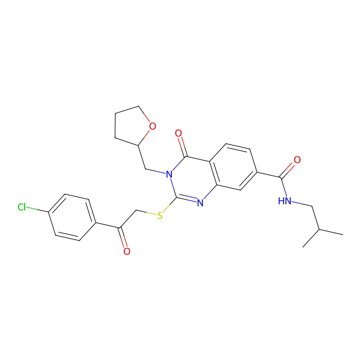 2-((2-(4-chlorophenyl)-2-oxoethyl)thio)-N-isobutyl-4-oxo-3-((tetrahydrofuran-2-yl)methyl)-3,4-dihydroquinazoline-7-carboxamide molecular structure, CAS 1113130-09-8