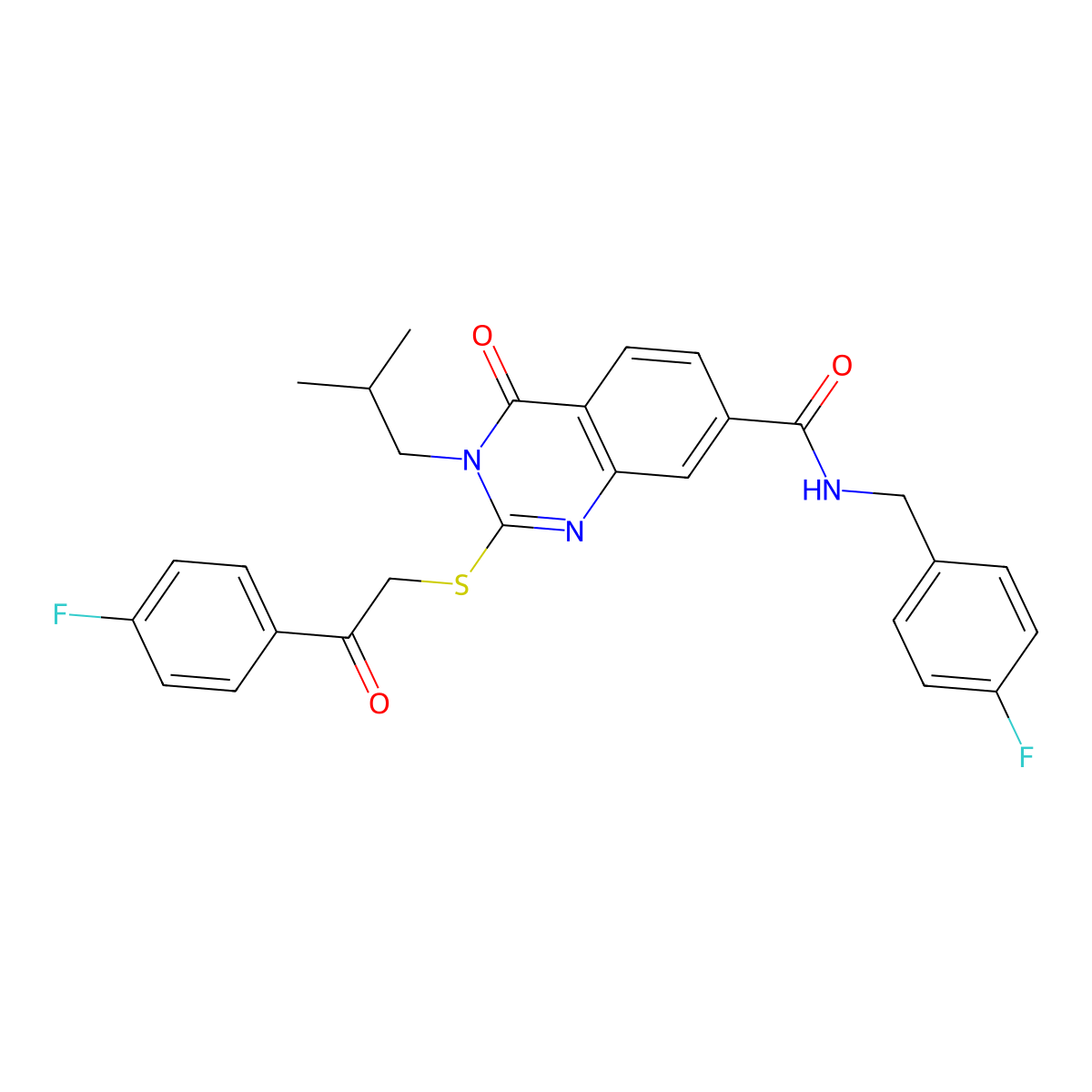 2-{[2-(4-fluorophenyl)-2-oxoethyl]sulfanyl}-N-[(4-fluorophenyl)methyl]-3-(2-methylpropyl)-4-oxo-3,4-dihydroquinazoline-7-carboxamide molecular structure, CAS 1113131-45-5