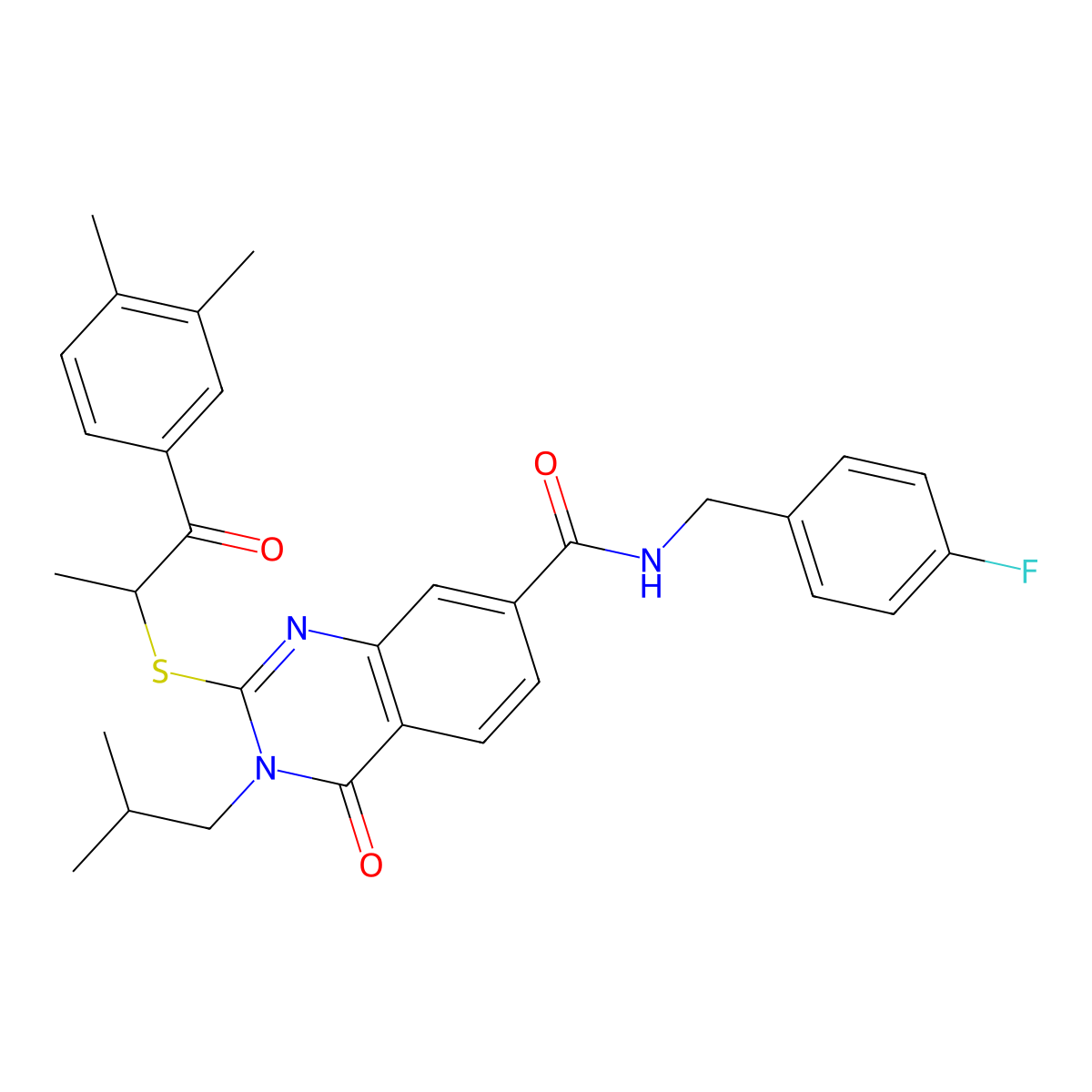 2-{[1-(3,4-dimethylphenyl)-1-oxopropan-2-yl]sulfanyl}-N-[(4-fluorophenyl)methyl]-3-(2-methylpropyl)-4-oxo-3,4-dihydroquinazoline-7-carboxamide molecular structure, CAS 1113131-51-3