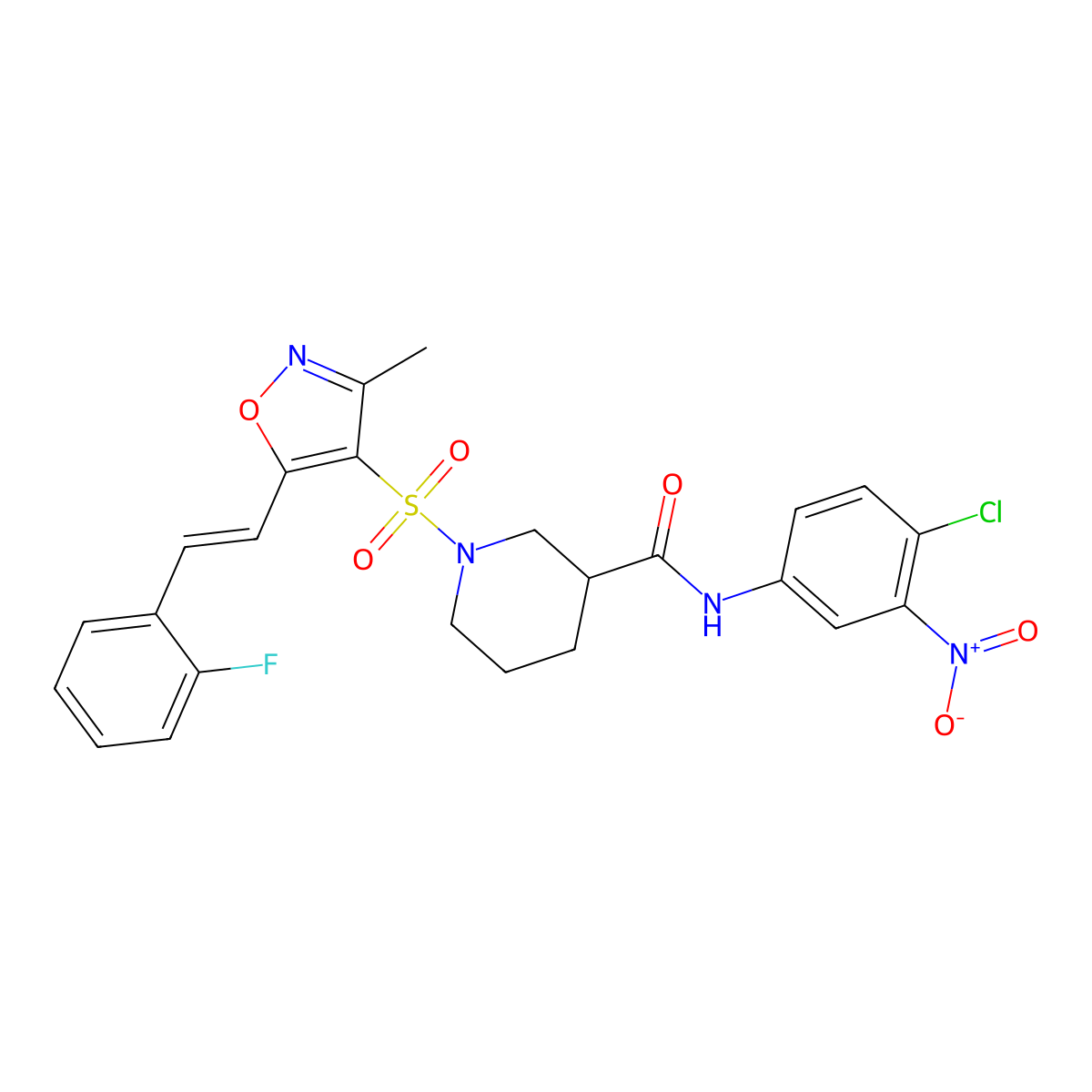 N-(4-chloro-3-nitrophenyl)-1-((5-(2-fluorostyryl)-3-methylisoxazol-4-yl)sulfonyl)piperidine-3-carboxamide molecular structure, CAS 1113133-60-0