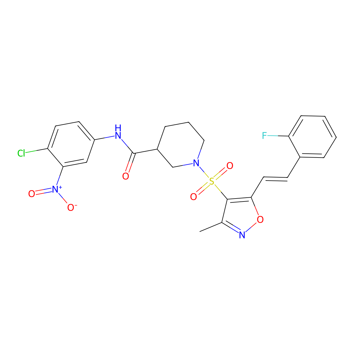 N-(4-chloro-3-nitrophenyl)-1-((5-(2-fluorostyryl)-3-methylisoxazol-4-yl)sulfonyl)piperidine-3-carboxamide molecular structure, CAS 1113133-60-0