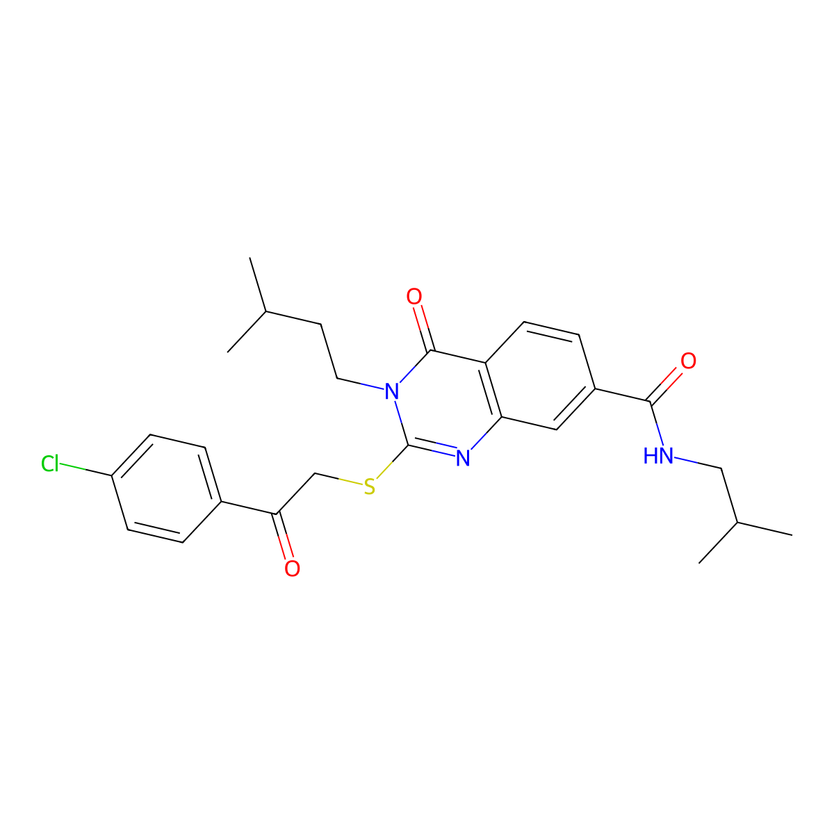 2-((2-(4-chlorophenyl)-2-oxoethyl)thio)-N-isobutyl-3-isopentyl-4-oxo-3,4-dihydroquinazoline-7-carboxamide molecular structure, CAS 1113133-70-2