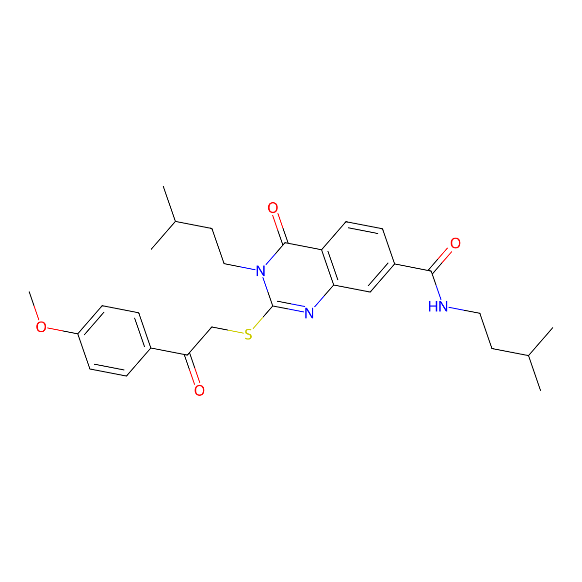 2-{[2-(4-methoxyphenyl)-2-oxoethyl]sulfanyl}-N,3-bis(3-methylbutyl)-4-oxo-3,4-dihydroquinazoline-7-carboxamide molecular structure, CAS 1113134-00-1