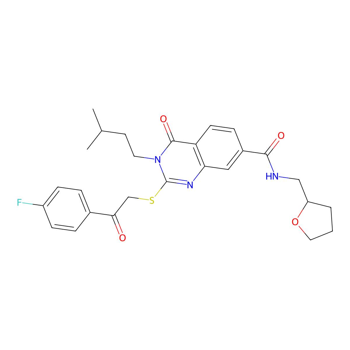 2-((2-(4-fluorophenyl)-2-oxoethyl)thio)-3-isopentyl-4-oxo-N-((tetrahydrofuran-2-yl)methyl)-3,4-dihydroquinazoline-7-carboxamide molecular structure, CAS 1113134-25-0
