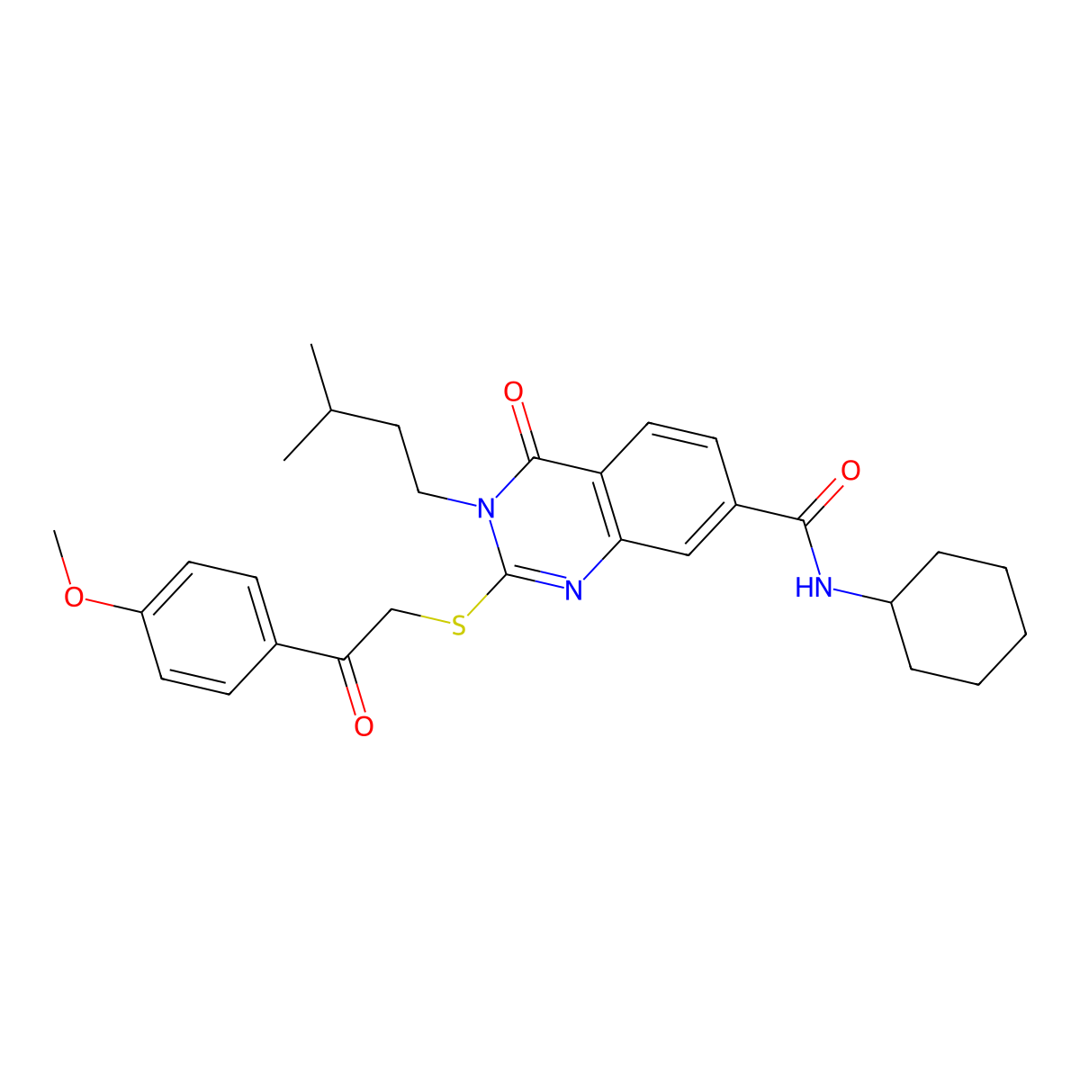 N-cyclohexyl-2-{[2-(4-methoxyphenyl)-2-oxoethyl]sulfanyl}-3-(3-methylbutyl)-4-oxo-3,4-dihydroquinazoline-7-carboxamide molecular structure, CAS 1113134-35-2