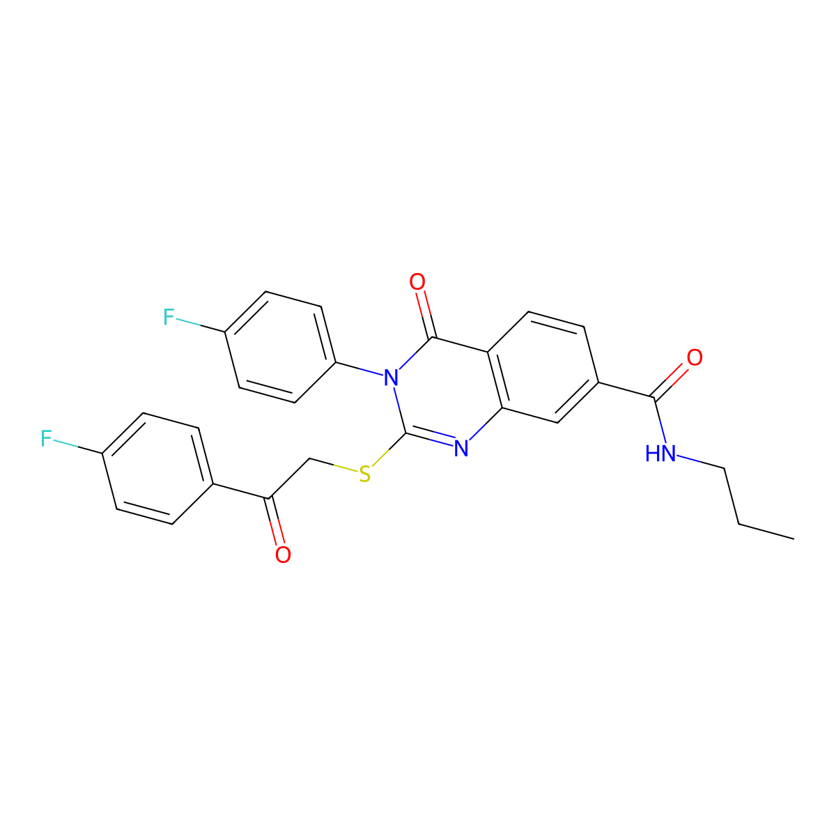 3-(4-fluorophenyl)-2-((2-(4-fluorophenyl)-2-oxoethyl)thio)-4-oxo-N-propyl-3,4-dihydroquinazoline-7-carboxamide molecular structure, CAS 1113134-47-6