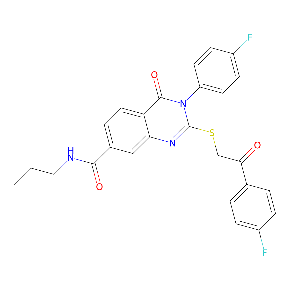 3-(4-fluorophenyl)-2-((2-(4-fluorophenyl)-2-oxoethyl)thio)-4-oxo-N-propyl-3,4-dihydroquinazoline-7-carboxamide molecular structure, CAS 1113134-47-6