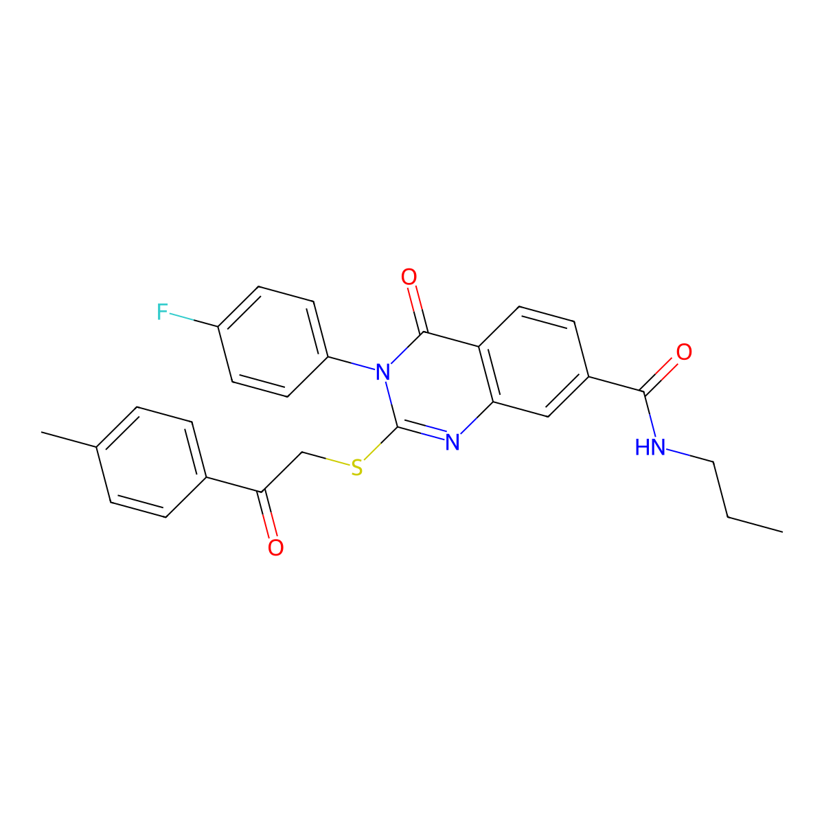 3-(4-fluorophenyl)-4-oxo-2-((2-oxo-2-(p-tolyl)ethyl)thio)-N-propyl-3,4-dihydroquinazoline-7-carboxamide molecular structure, CAS 1113134-53-4