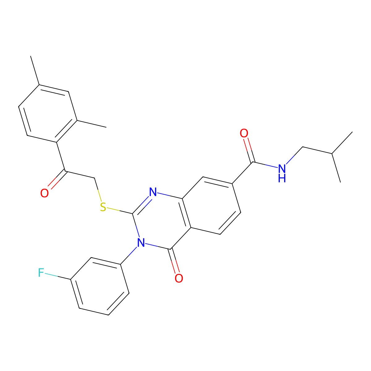 2-{[2-(2,4-dimethylphenyl)-2-oxoethyl]sulfanyl}-3-(3-fluorophenyl)-N-(2-methylpropyl)-4-oxo-3,4-dihydroquinazoline-7-carboxamide molecular structure, CAS 1113134-56-7