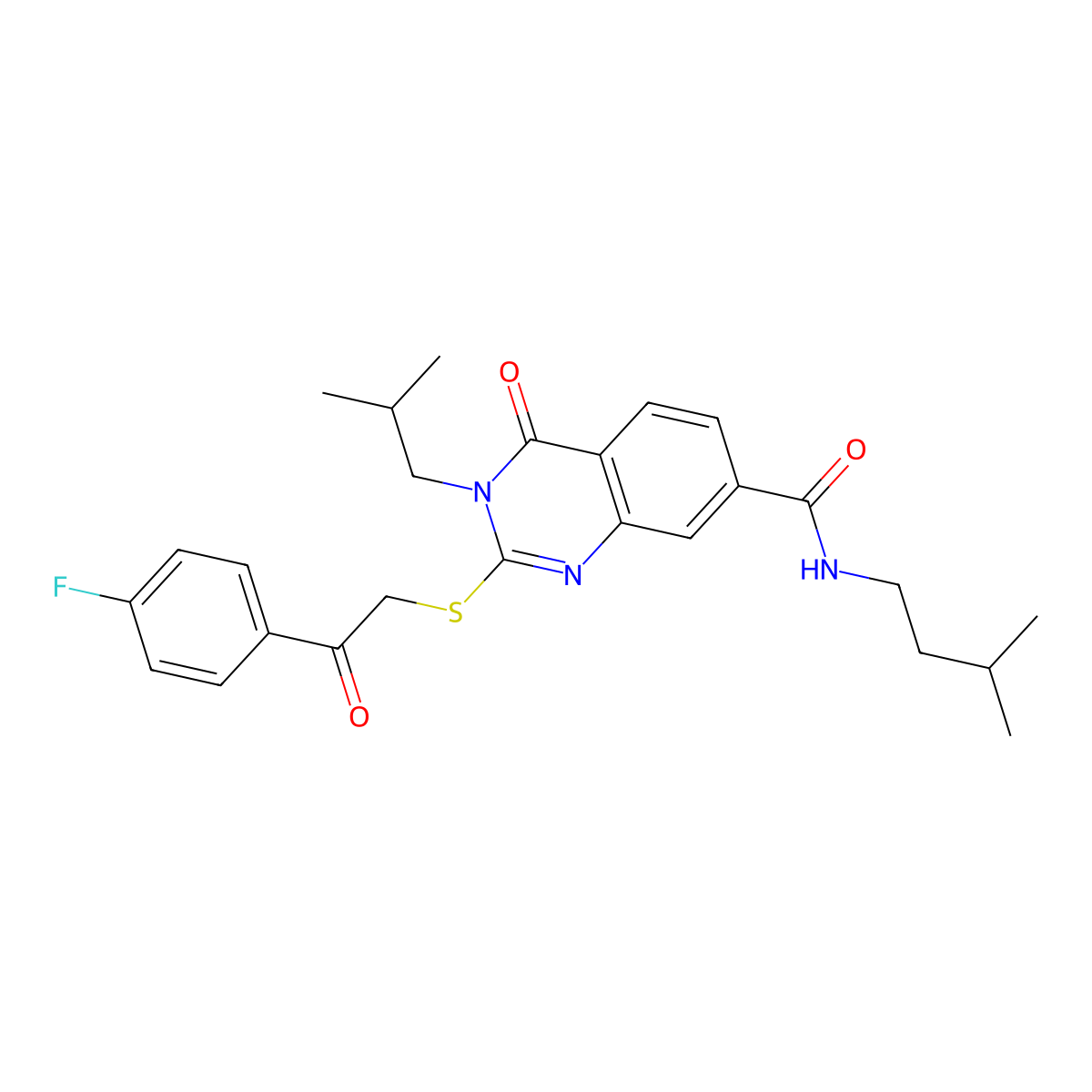 2-{[2-(4-fluorophenyl)-2-oxoethyl]sulfanyl}-N-(3-methylbutyl)-3-(2-methylpropyl)-4-oxo-3,4-dihydroquinazoline-7-carboxamide molecular structure, CAS 1113134-63-6