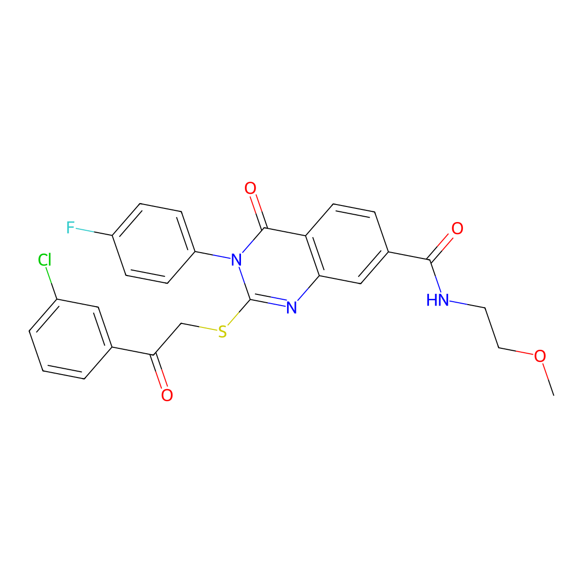 2-((2-(3-chlorophenyl)-2-oxoethyl)thio)-3-(4-fluorophenyl)-N-(2-methoxyethyl)-4-oxo-3,4-dihydroquinazoline-7-carboxamide molecular structure, CAS 1113134-94-3