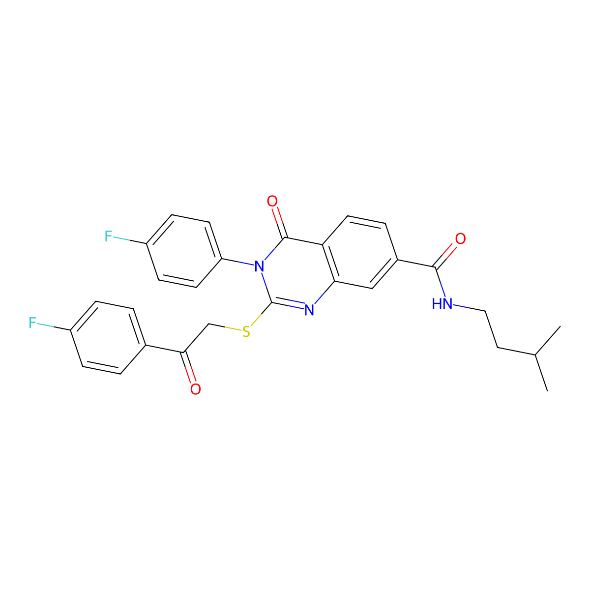 3-(4-fluorophenyl)-2-((2-(4-fluorophenyl)-2-oxoethyl)thio)-N-isopentyl-4-oxo-3,4-dihydroquinazoline-7-carboxamide molecular structure, CAS 1113135-04-8