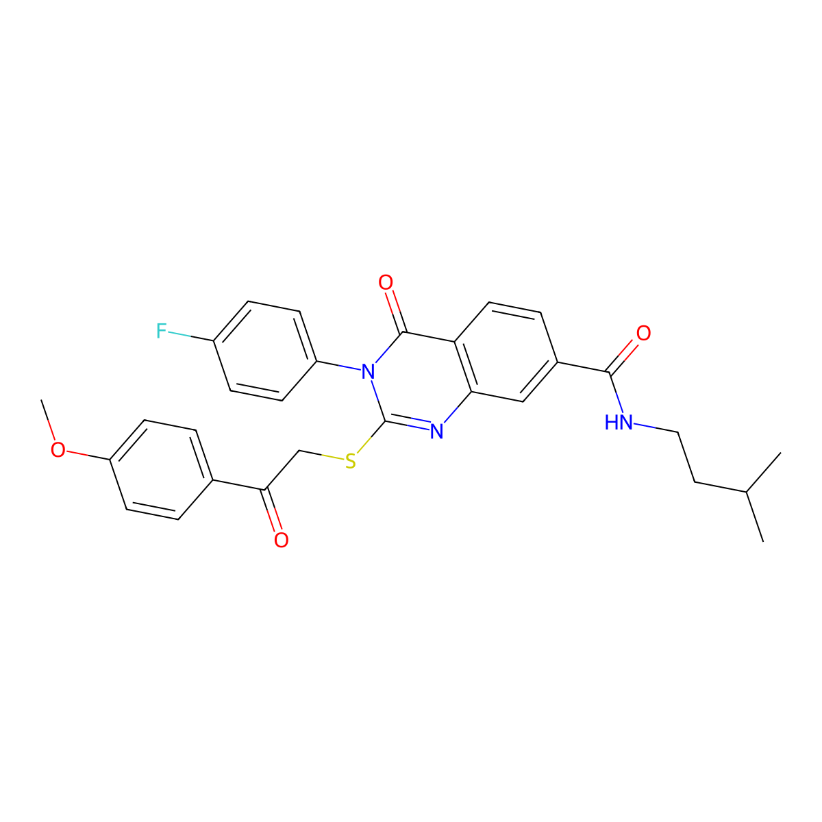 3-(4-fluorophenyl)-N-isopentyl-2-((2-(4-methoxyphenyl)-2-oxoethyl)thio)-4-oxo-3,4-dihydroquinazoline-7-carboxamide molecular structure, CAS 1113135-09-3