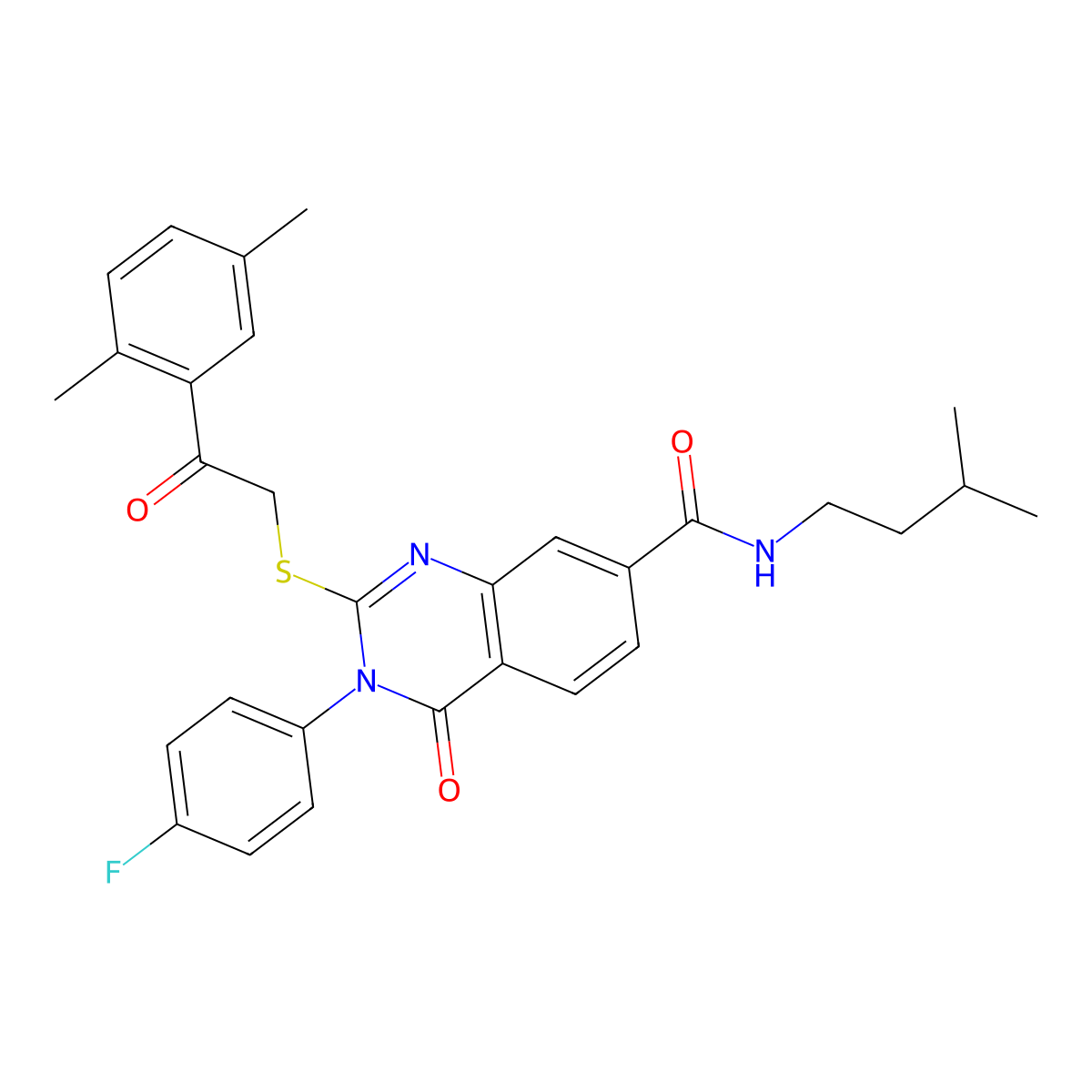 2-((2-(2,5-dimethylphenyl)-2-oxoethyl)thio)-3-(4-fluorophenyl)-N-isopentyl-4-oxo-3,4-dihydroquinazoline-7-carboxamide molecular structure, CAS 1113135-14-0