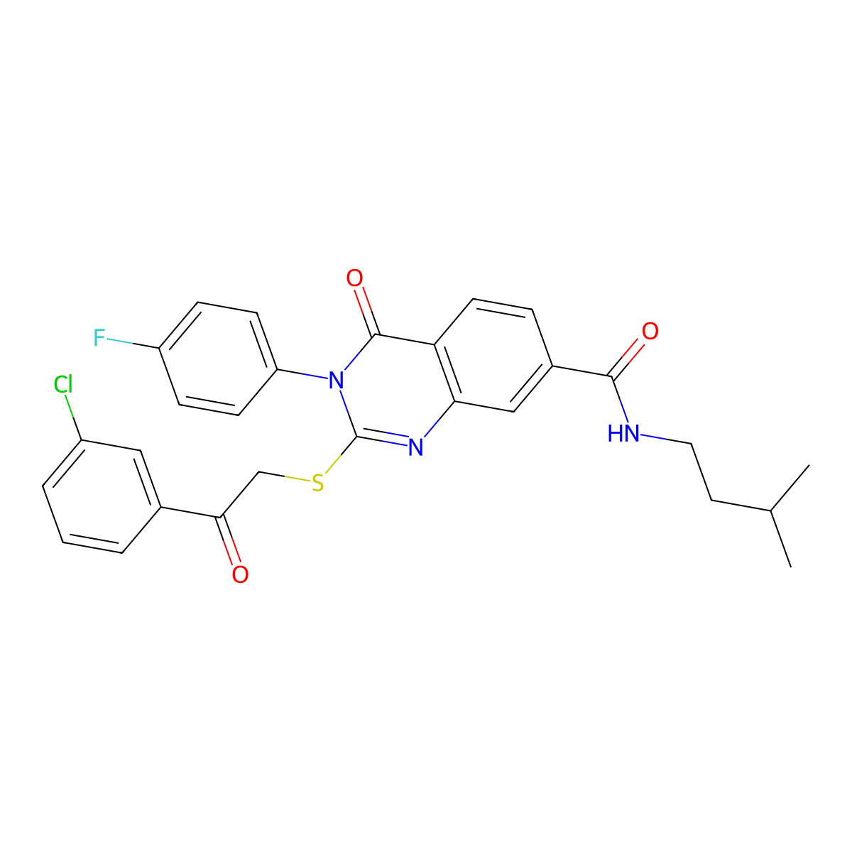 2-((2-(3-chlorophenyl)-2-oxoethyl)thio)-3-(4-fluorophenyl)-N-isopentyl-4-oxo-3,4-dihydroquinazoline-7-carboxamide molecular structure, CAS 1113135-19-5
