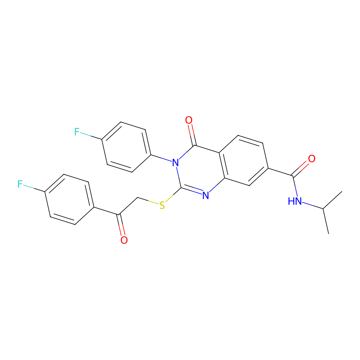 3-(4-fluorophenyl)-2-((2-(4-fluorophenyl)-2-oxoethyl)thio)-N-isopropyl-4-oxo-3,4-dihydroquinazoline-7-carboxamide molecular structure, CAS 1113135-24-2