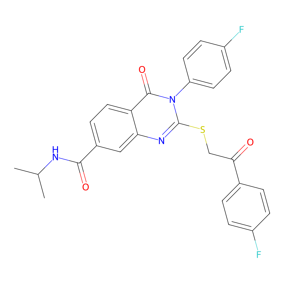 3-(4-fluorophenyl)-2-((2-(4-fluorophenyl)-2-oxoethyl)thio)-N-isopropyl-4-oxo-3,4-dihydroquinazoline-7-carboxamide molecular structure, CAS 1113135-24-2