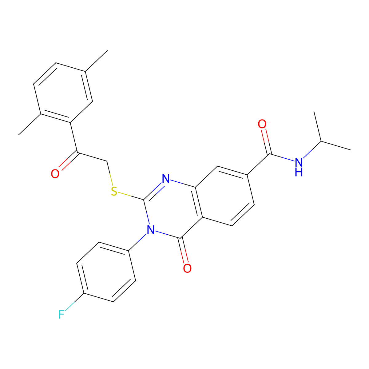 2-((2-(2,5-dimethylphenyl)-2-oxoethyl)thio)-3-(4-fluorophenyl)-N-isopropyl-4-oxo-3,4-dihydroquinazoline-7-carboxamide molecular structure, CAS 1113135-34-4