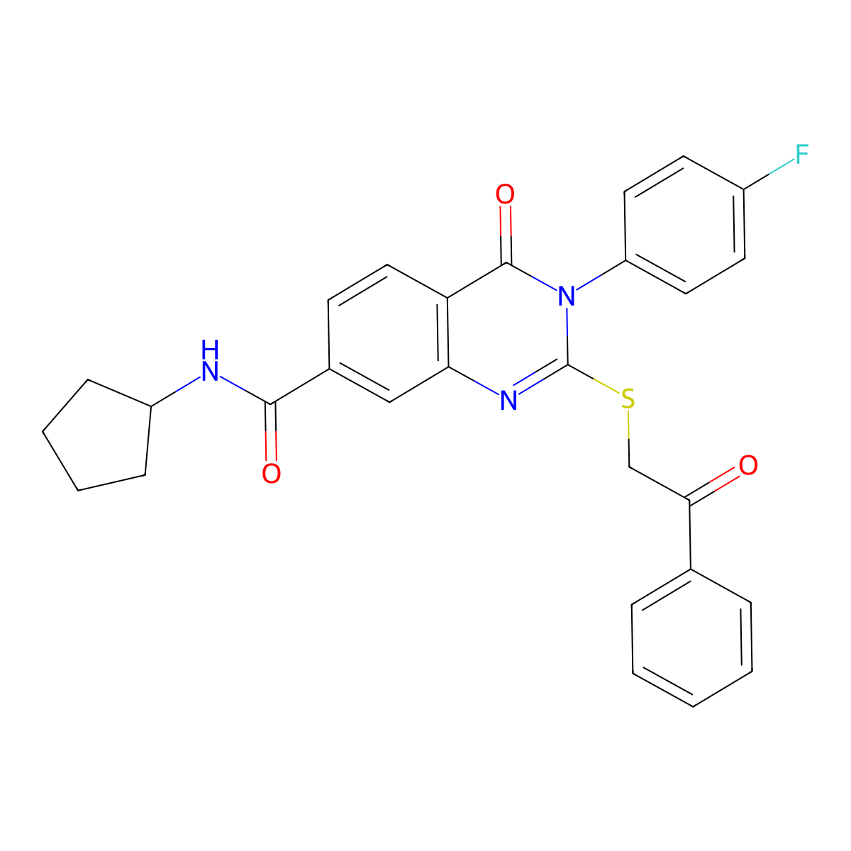 N-cyclopentyl-3-(4-fluorophenyl)-4-oxo-2-((2-oxo-2-phenylethyl)thio)-3,4-dihydroquinazoline-7-carboxamide molecular structure, CAS 1113135-45-7