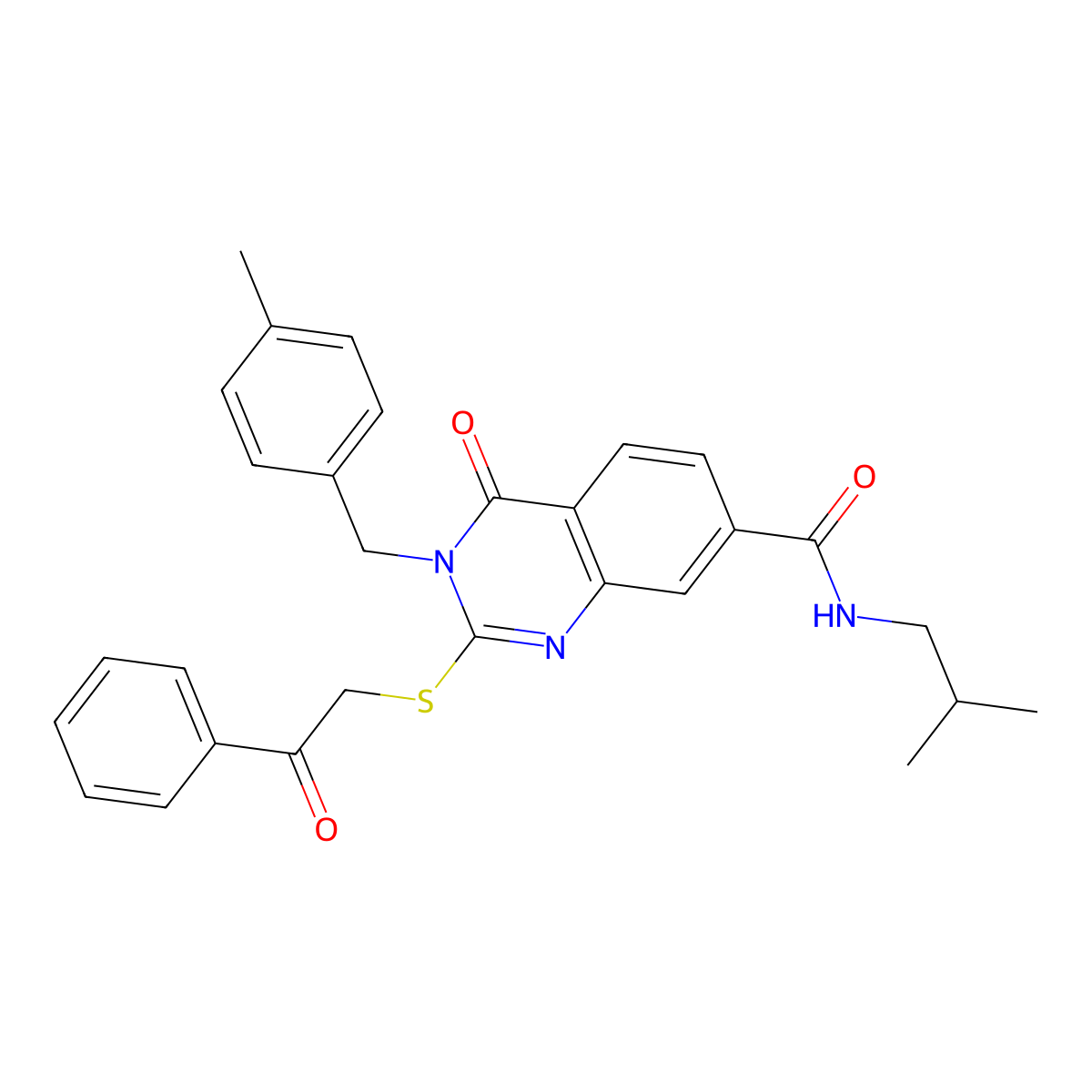 N-isobutyl-3-(4-methylbenzyl)-4-oxo-2-((2-oxo-2-phenylethyl)thio)-3,4-dihydroquinazoline-7-carboxamide molecular structure, CAS 1113135-73-1