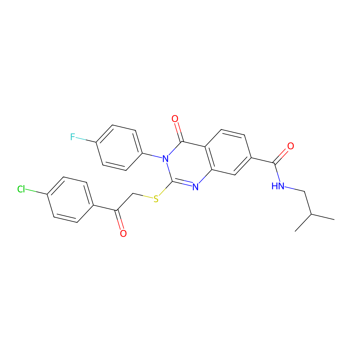 2-((2-(4-chlorophenyl)-2-oxoethyl)thio)-3-(4-fluorophenyl)-N-isobutyl-4-oxo-3,4-dihydroquinazoline-7-carboxamide molecular structure, CAS 1113135-81-1