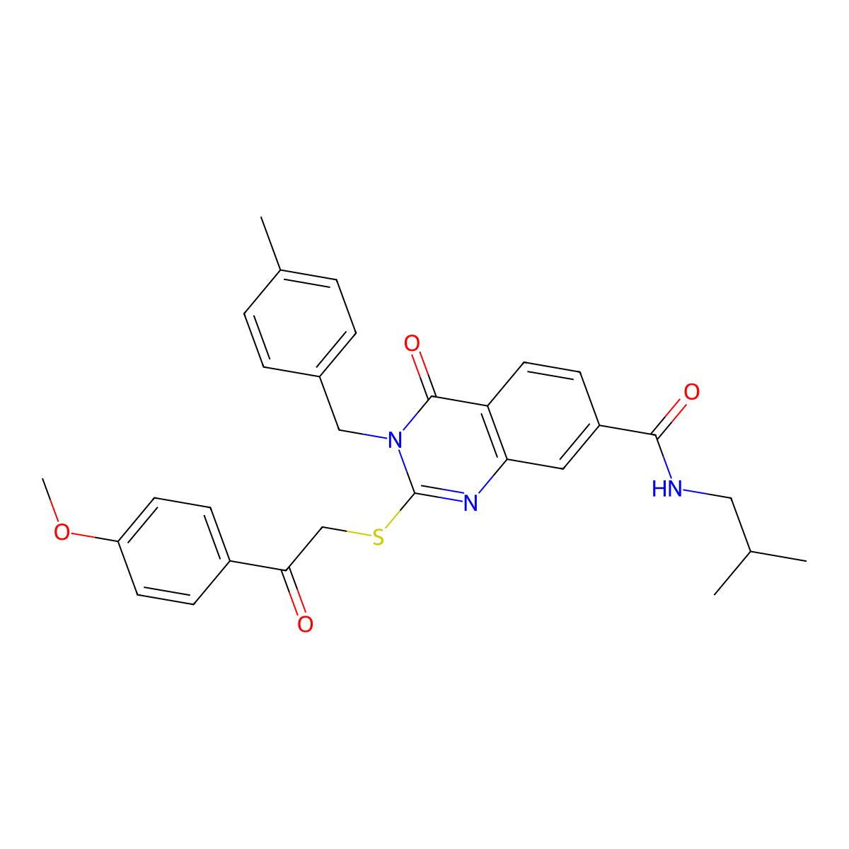 N-isobutyl-2-((2-(4-methoxyphenyl)-2-oxoethyl)thio)-3-(4-methylbenzyl)-4-oxo-3,4-dihydroquinazoline-7-carboxamide molecular structure, CAS 1113135-85-5