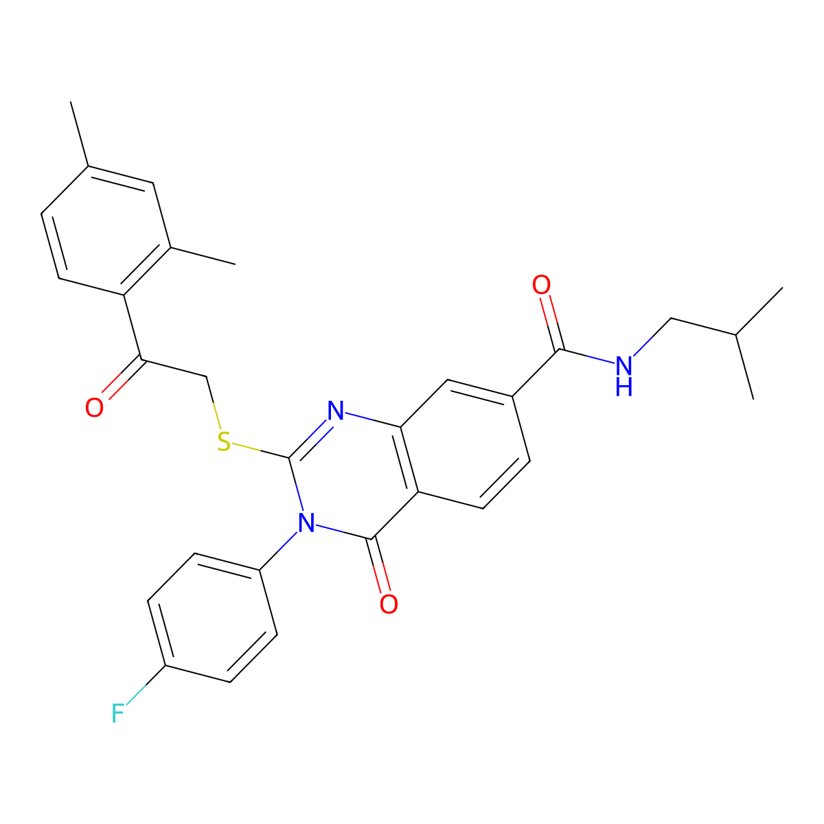 2-((2-(2,4-dimethylphenyl)-2-oxoethyl)thio)-3-(4-fluorophenyl)-N-isobutyl-4-oxo-3,4-dihydroquinazoline-7-carboxamide molecular structure, CAS 1113135-87-7