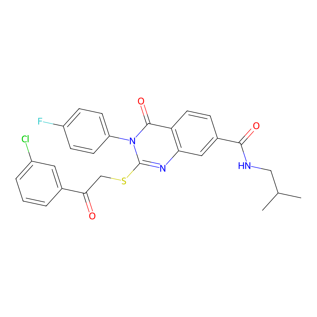 2-((2-(3-chlorophenyl)-2-oxoethyl)thio)-3-(4-fluorophenyl)-N-isobutyl-4-oxo-3,4-dihydroquinazoline-7-carboxamide molecular structure, CAS 1113135-93-5