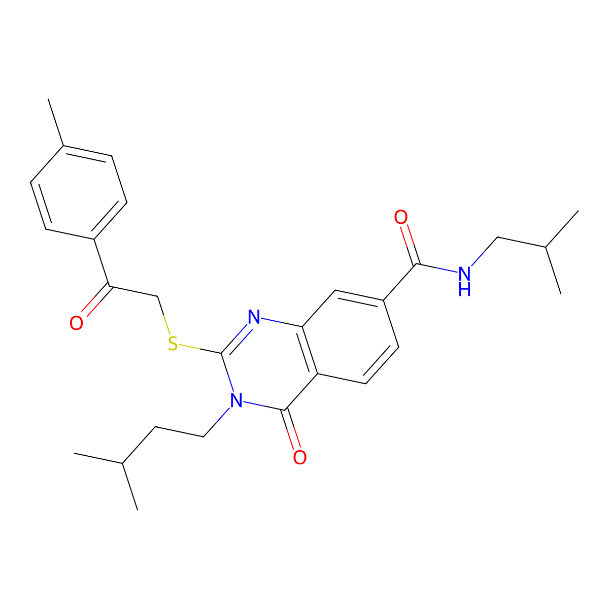 N-isobutyl-3-isopentyl-4-oxo-2-((2-oxo-2-(p-tolyl)ethyl)thio)-3,4-dihydroquinazoline-7-carboxamide molecular structure, CAS 1113136-07-4