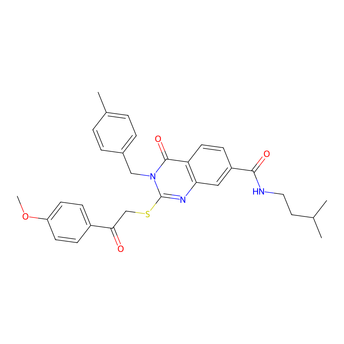 N-isopentyl-2-((2-(4-methoxyphenyl)-2-oxoethyl)thio)-3-(4-methylbenzyl)-4-oxo-3,4-dihydroquinazoline-7-carboxamide molecular structure, CAS 1113136-08-5