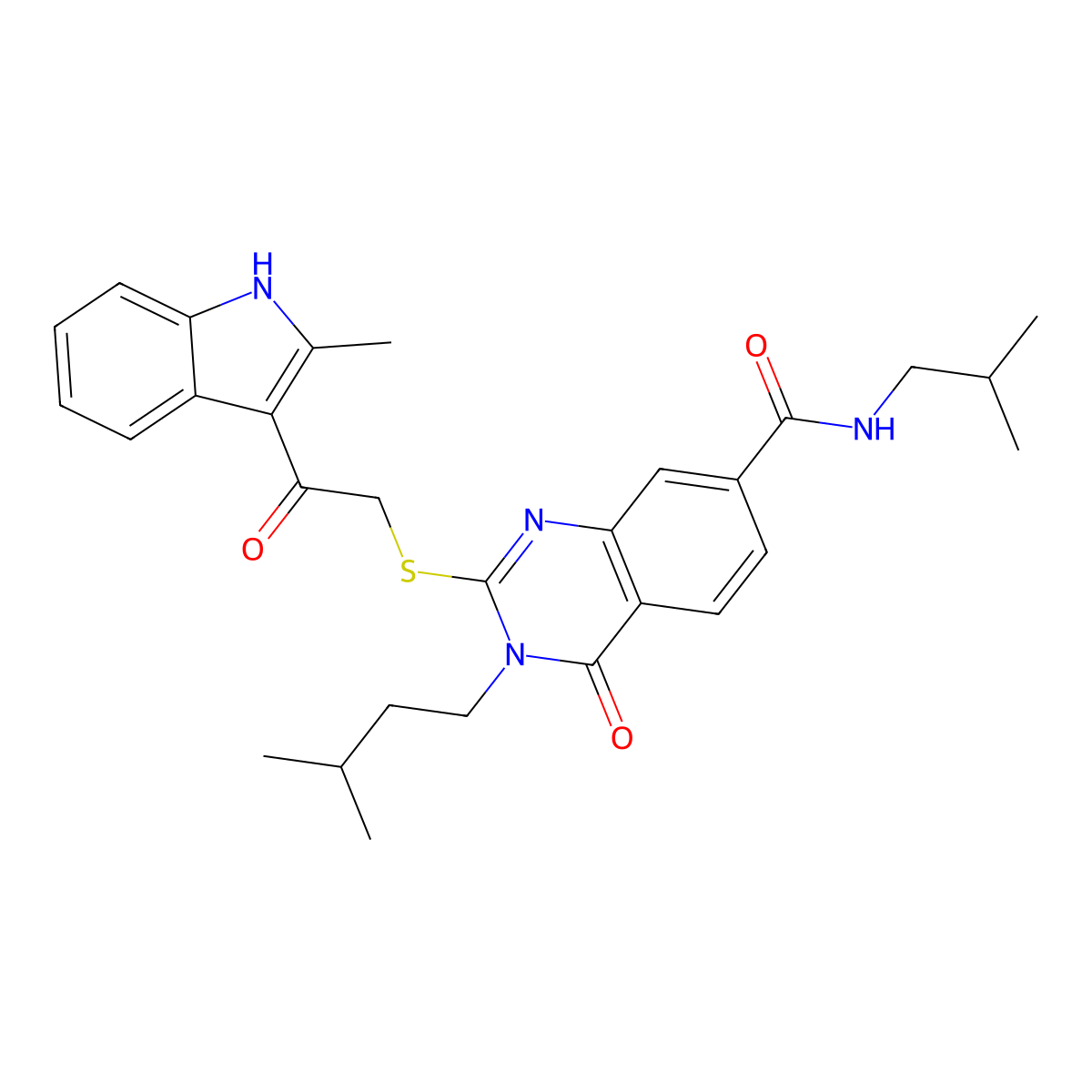 N-isobutyl-3-isopentyl-2-((2-(2-methyl-1H-indol-3-yl)-2-oxoethyl)thio)-4-oxo-3,4-dihydroquinazoline-7-carboxamide molecular structure, CAS 1113136-25-6