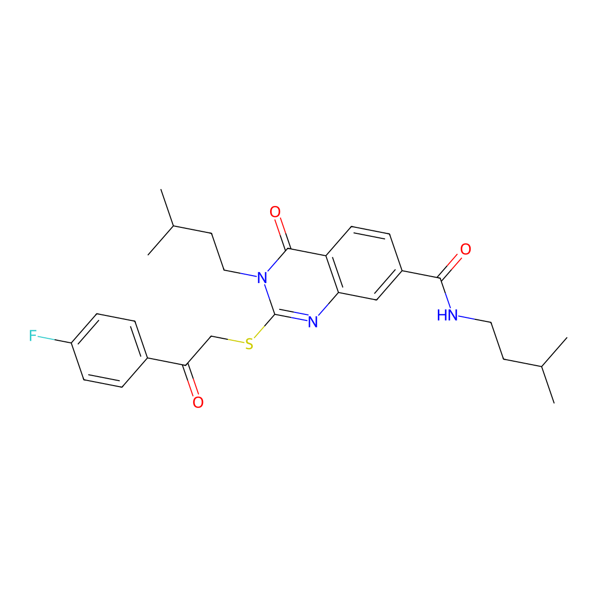 2-((2-(4-fluorophenyl)-2-oxoethyl)thio)-N,3-diisopentyl-4-oxo-3,4-dihydroquinazoline-7-carboxamide molecular structure, CAS 1113136-31-4