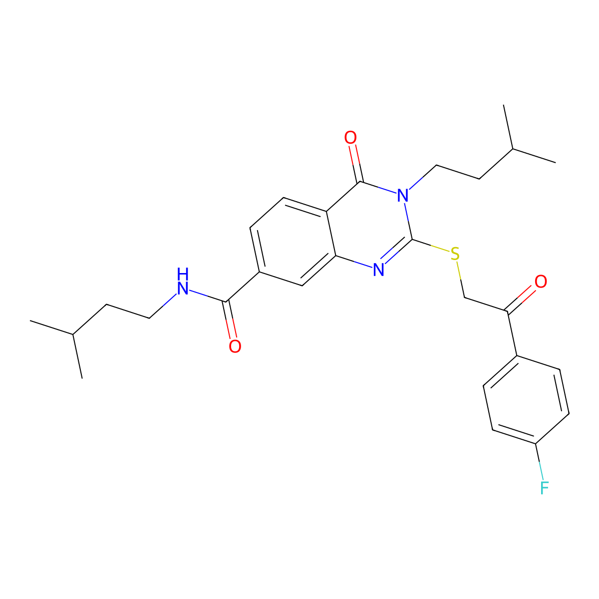2-((2-(4-fluorophenyl)-2-oxoethyl)thio)-N,3-diisopentyl-4-oxo-3,4-dihydroquinazoline-7-carboxamide molecular structure, CAS 1113136-31-4