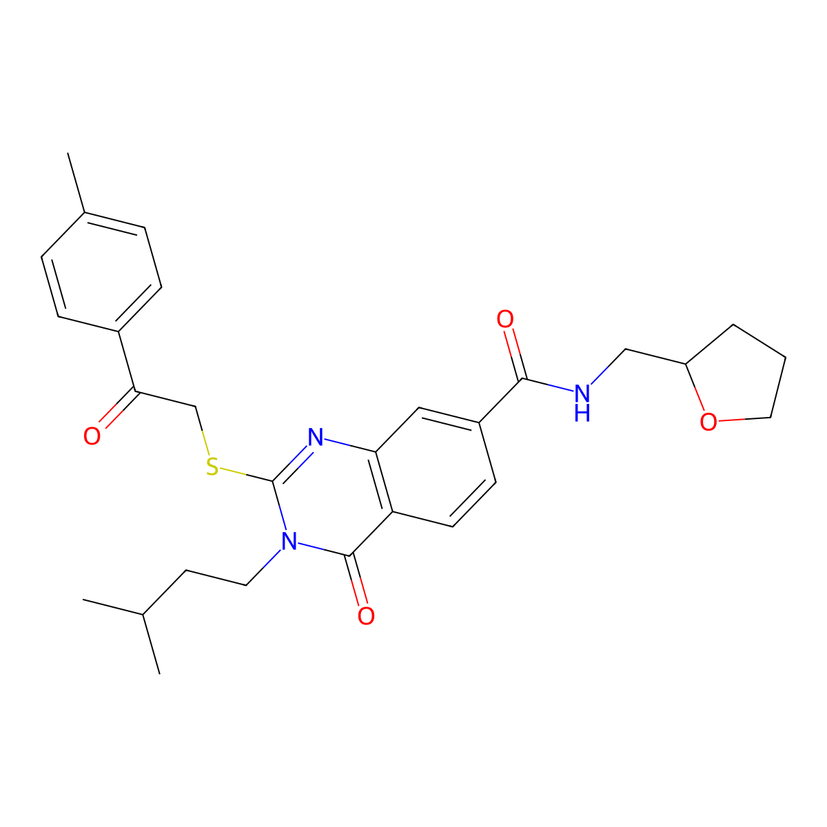 3-isopentyl-4-oxo-2-((2-oxo-2-(p-tolyl)ethyl)thio)-N-((tetrahydrofuran-2-yl)methyl)-3,4-dihydroquinazoline-7-carboxamide molecular structure, CAS 1113136-73-4